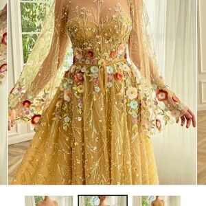 Teuta Matoshi. Gorgeous!Embellished Gold Floral A-Line Evening Dress
